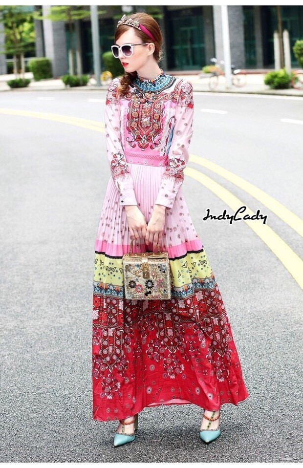 ชุดเดรสเกาหลี พร้อมส่ง เดรสยาว ปลายกระโปรงจับจีบ