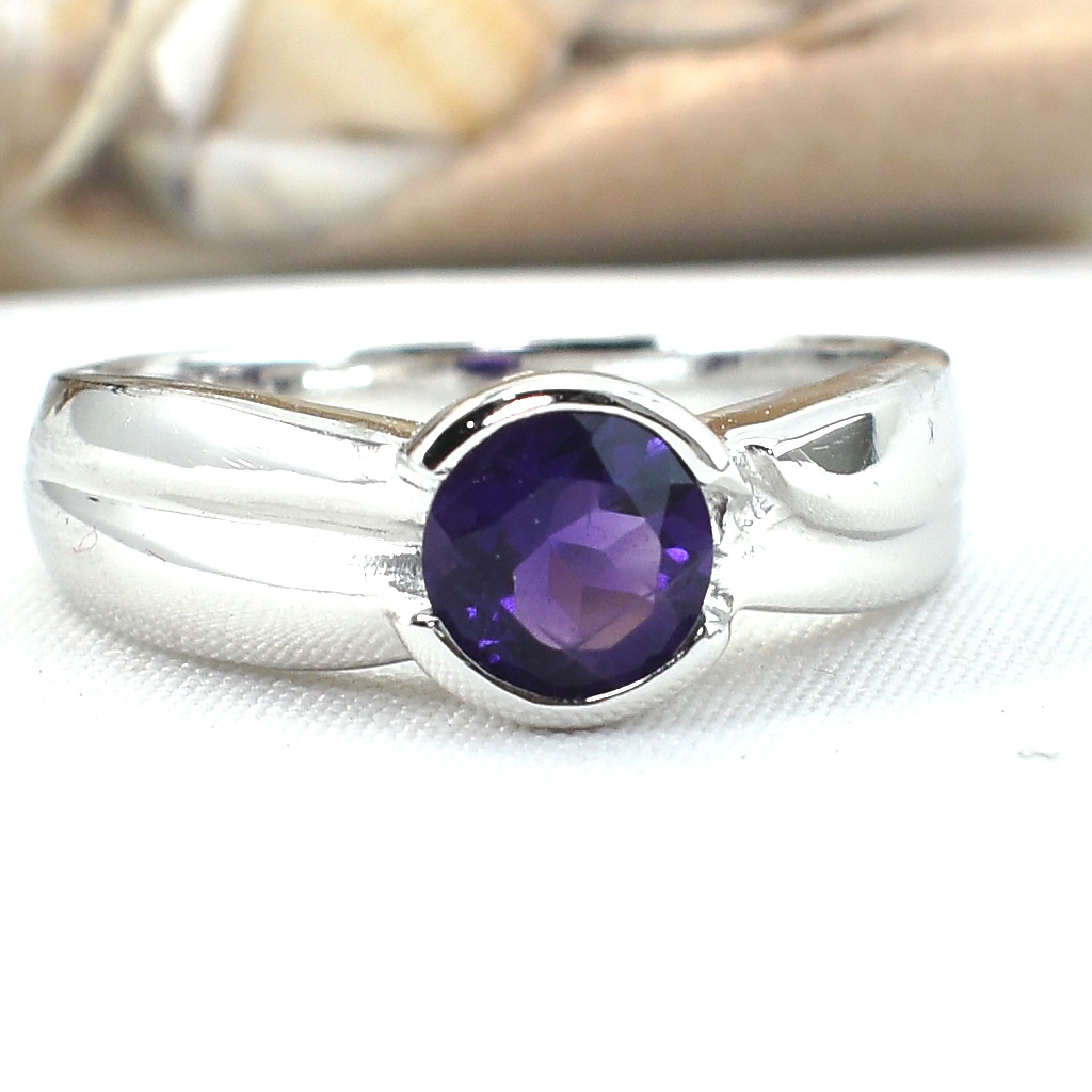 SKJewelryfactory แหวนเงินพลอยแอมิทิสต์แท้ เเหวนพลอยเม็ดเดี่ยว สไตล์เรียบๆ ER00816-AMT