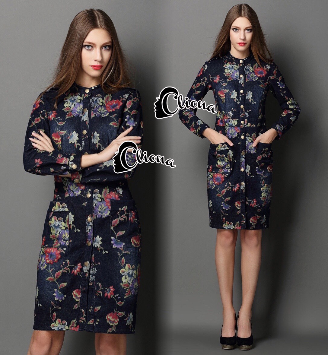 พร้อมส่ง mini dress ผ้า denim แขนยาว เพ้นลายดอกไม้