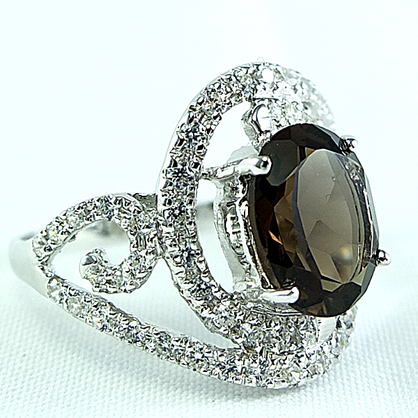 SKJewelryfactory แหวนเงินแท้ 92.5% ฝังพลอยสโมกกี้ควอทซ์ ประดับด้วยเพชรดีไซด์หรู ER02368-SMQ