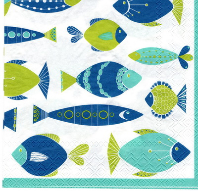 แนวภาพทะเล ปลา ปลาฟ้าเขียว Cartoon Fish เป็นภาพเต็มแผ่น กระดาษแนพกิ้นสำหรับทำงาน เดคูพาจ Decoupage Paper Napkins ขนาด 33X33cm