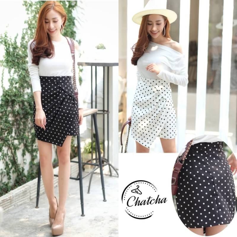 พร้อมส่ง กระโปรงเอวสูง แต่งจีบป้ายหน้า