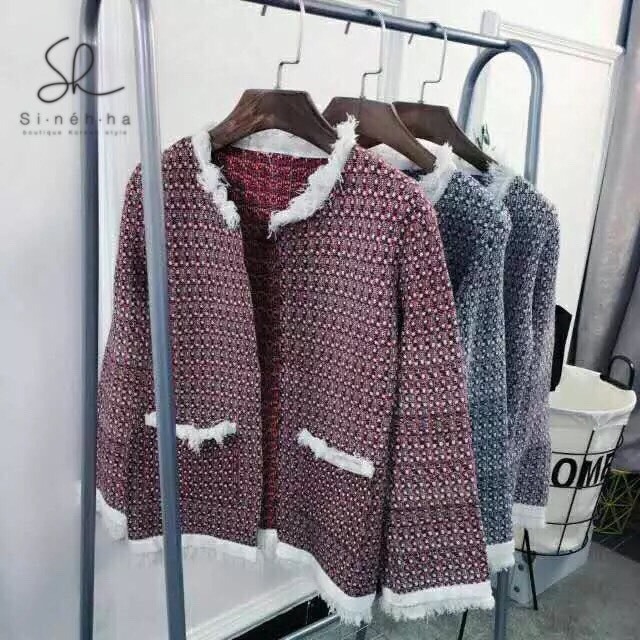 เสื้อเกาหลี พร้อมส่ง เสื้อคลุมไหมพรม ทอลาย