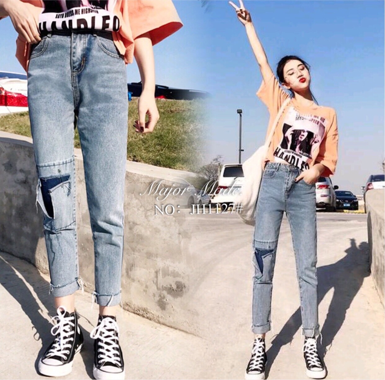 พร้อมส่ง กางเกงยีนส์ ทรงบอย แต่งขาดหน้าขาข้าง