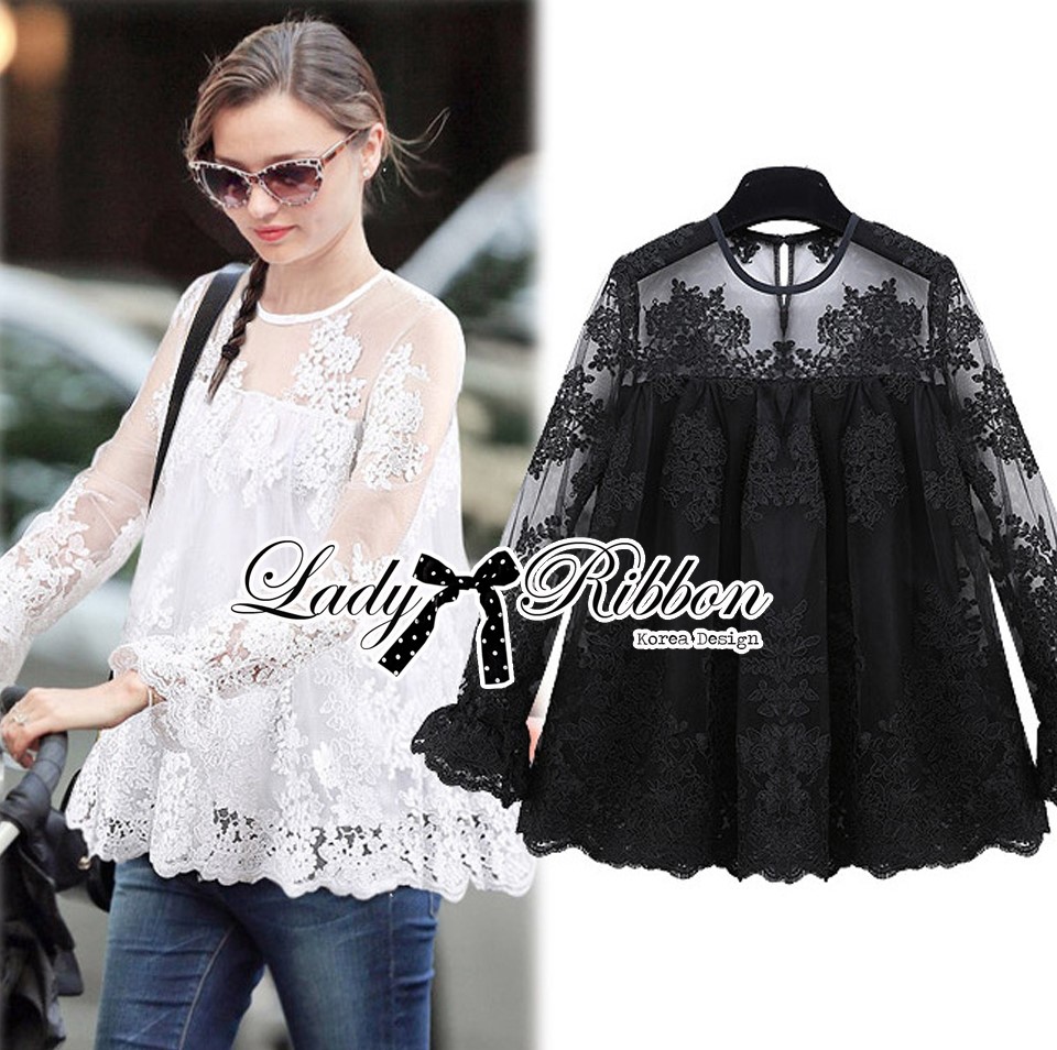 พร้อมส่ง เสื้อแขนยาวผ้าออร์แกนซ่าตกแต่งผ้าลูกไม้