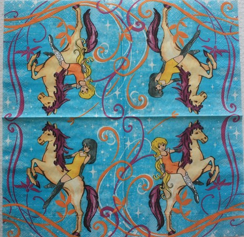 แนวภาพการ์ตูน เจ้าหญิงขี่ม้า กระดาษแนพกิ้นสำหรับทำงาน เดคูพาจ Decoupage Paper Napkins มีภาพสองลายในแผ่น ขนาด 33X33cm