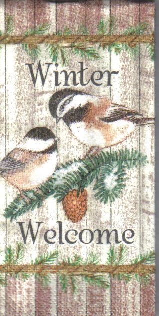 แนวภาพสัตว์ นกใน Winter กับคำ Welcome เป็นภาพ 8 บล๊อคในแผ่น กระดาษแนพคินสำหรับทำงาน เดคูพาจ Decoupage Paper Napkins ขนาด 21X22cm