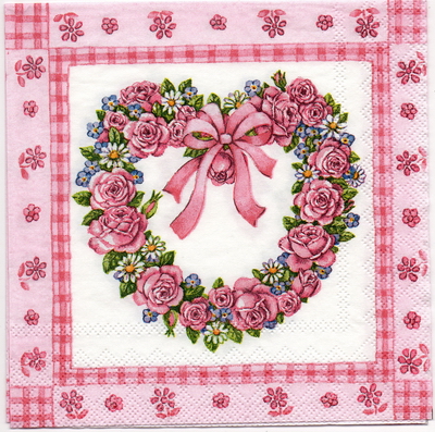แนวภาพ Valentine กุหลาบ พวงหัวใจ พื้นชมพู เป็นภาพบล็อค 4 กระดาษแนพกิ้นสำหรับทำงาน เดคูพาจ Decoupage Paper Napkins ขนาด 33X33cm