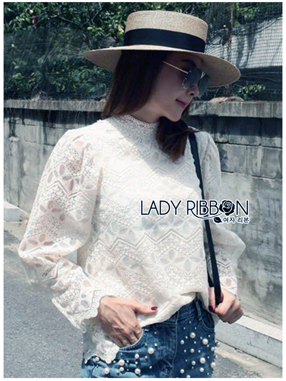 เสื้อเกาหลี พร้อมส่ง เสื้อลูกไม้ ลายซิกแซกคลื่นลายทาง