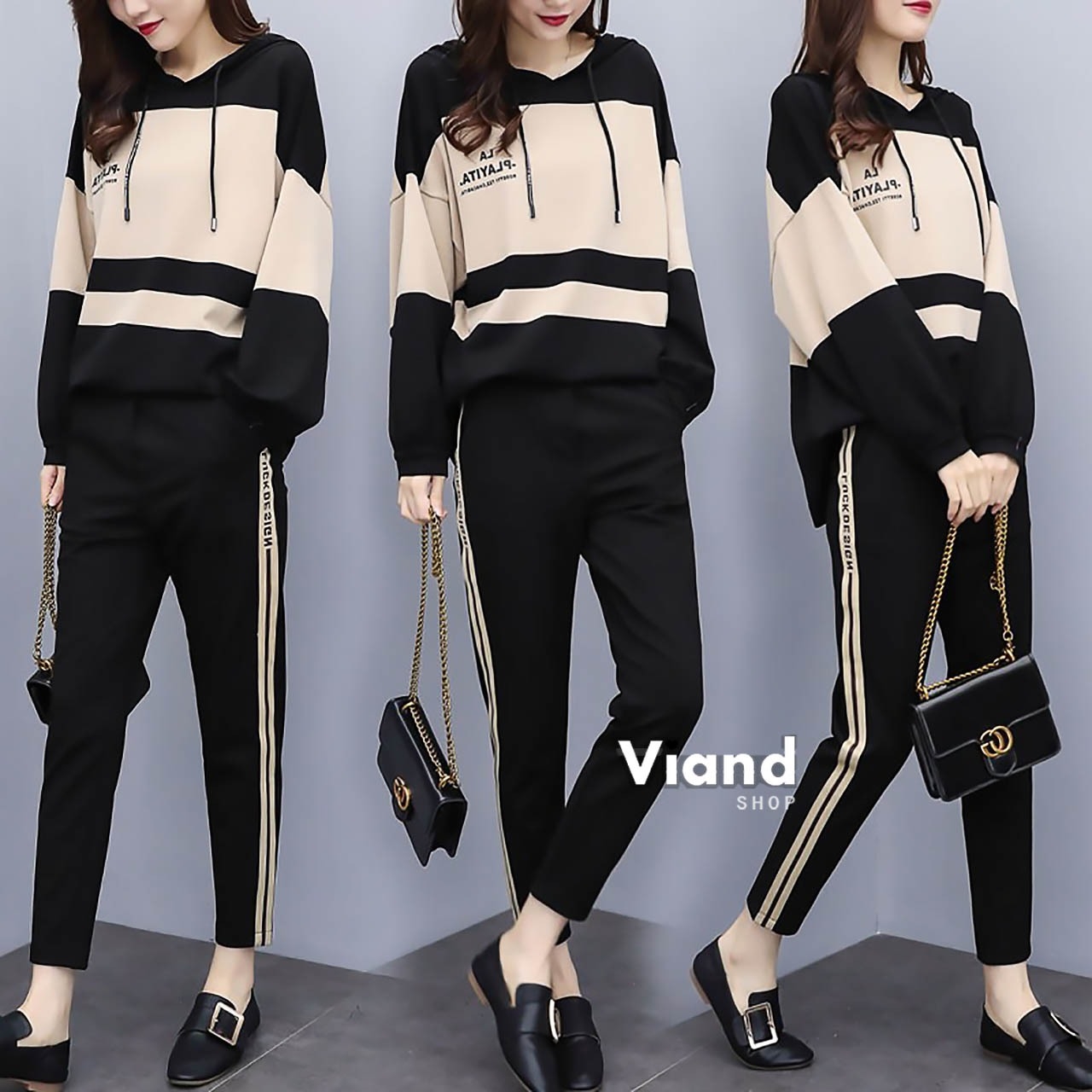 เสื้อผ้าเกาหลี พร้อมส่ง เสื้อทรงค้างคาวมีฮูท+กางเกงเอวยางยืด