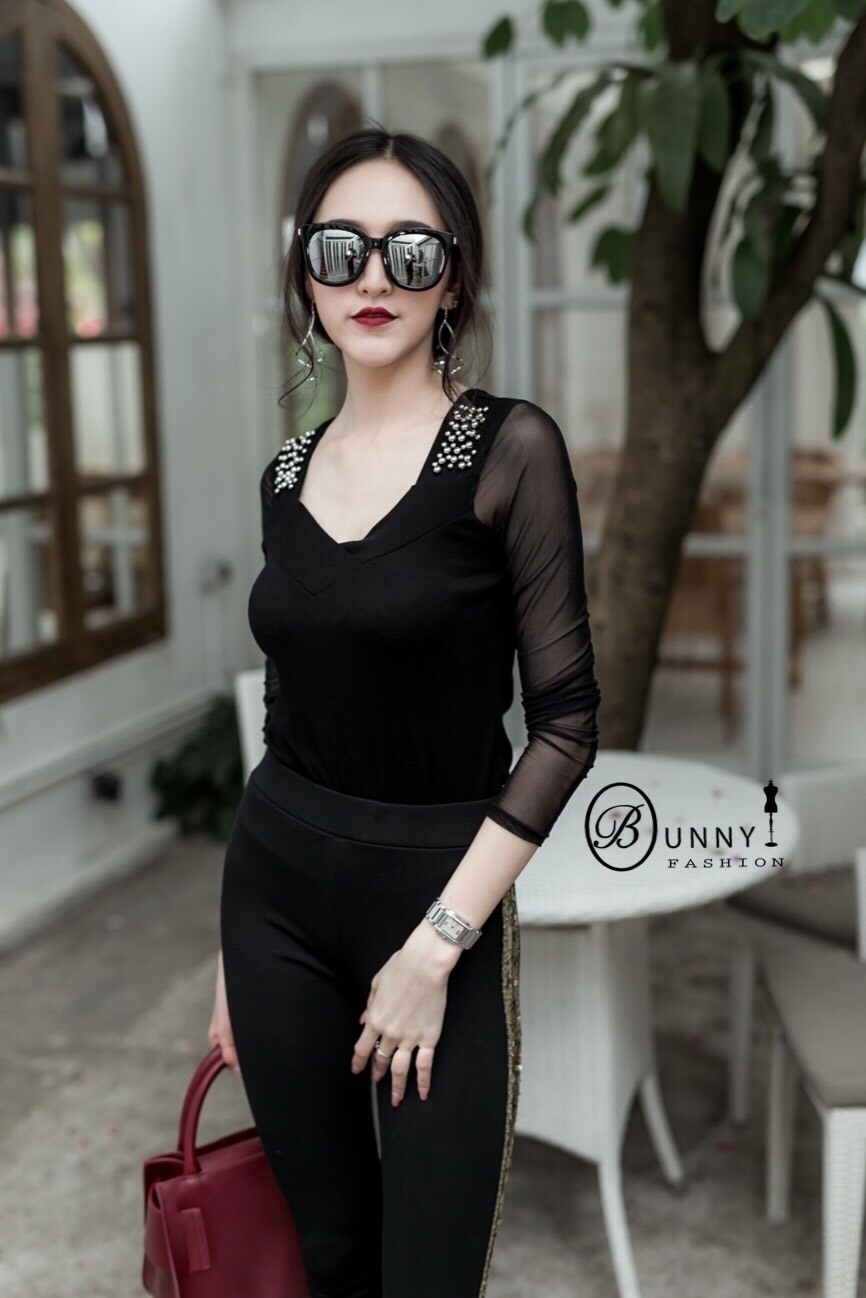 เสื้อเกาหลี พร้อมส่ง เสื้อยืด ตัดต่อแขนซีทรู
