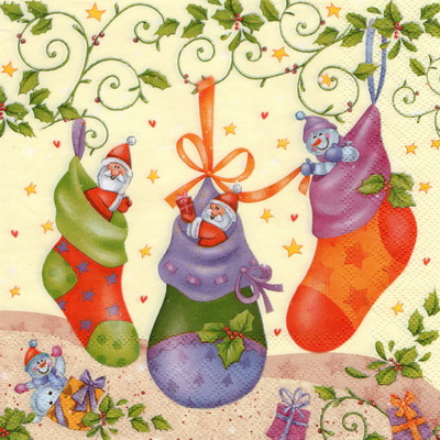 แนวภาพคริสต์มาส ถุงเท้าของขวัญ Santa SnowMan Sock เป็นภาพบล็อค 4 กระดาษแนพกิ้นสำหรับทำงาน เดคูพาจ Decoupage Paper Napkins ขนาด 33X33cm