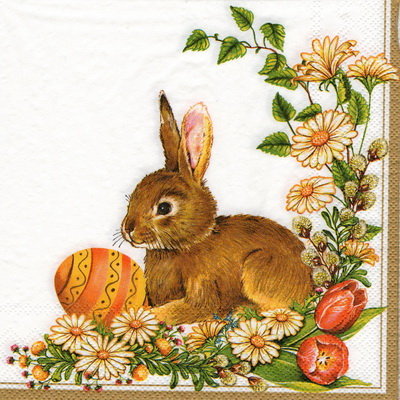 แนวภาพเทศกาล Easter Bunny กระต่ายไข่อีสเตอร์ พื้นขาว เป็นภาพเข้ามุม กระดาษแนพกิ้นสำหรับทำงาน เดคูพาจ Decoupage Paper Napkins ขนาด 33X33cm