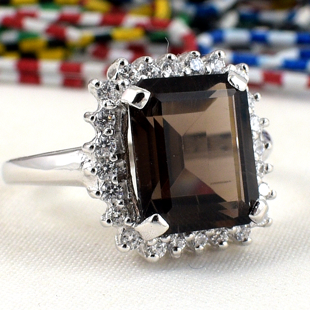 SKJewelryFactory แหวนเงินแท้ 92.5% แหวนพลอยหน้าสี่เหลี่ยม พลอยสโมกกี้ควอทซ์แท้ ER01140-SMQ