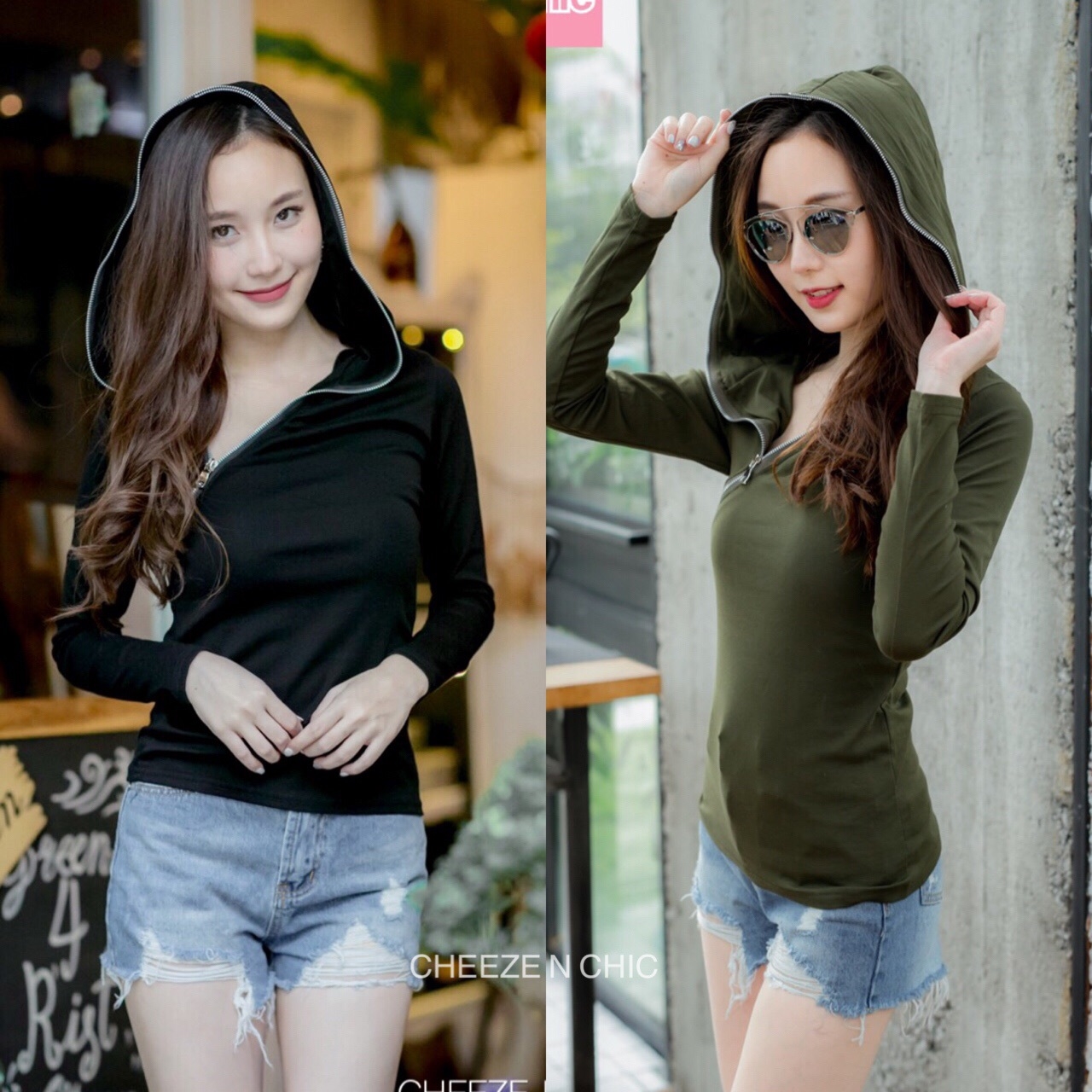 เสื้อเกาหลี พร้อมส่ง เสื้อฮู้ด สุดเท่ห์ มีซิปเฉียงที่อก