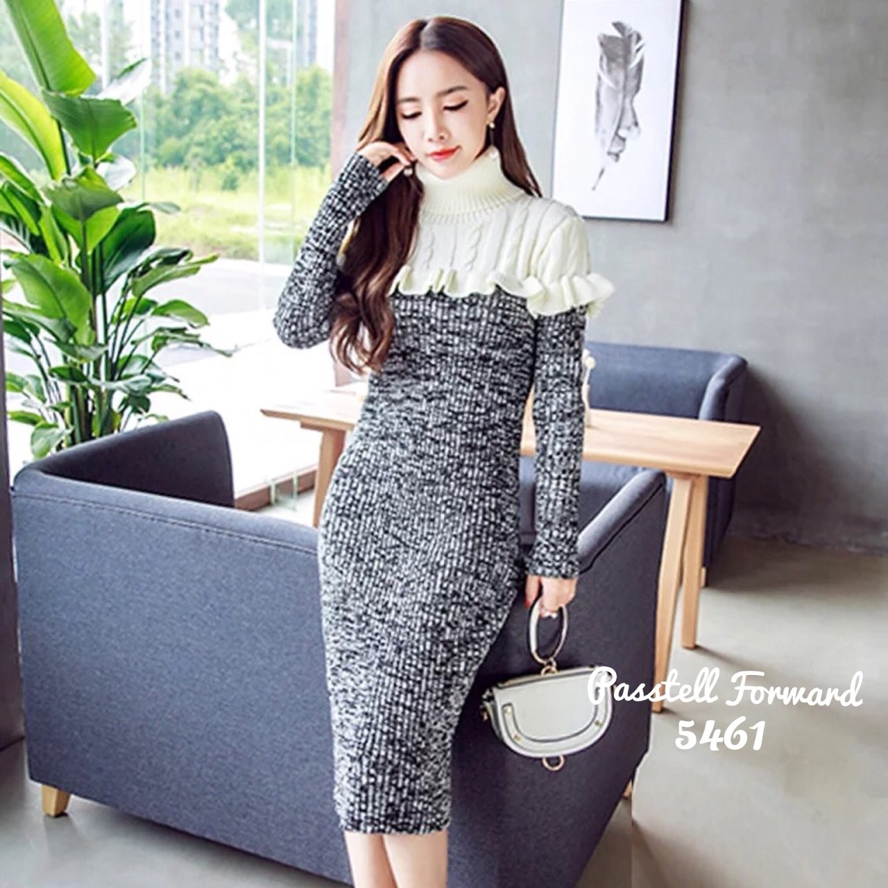 เดรสเกาหลี พร้อมส่ง เดรสยาว ผ้าไหมพรมคอเต่า