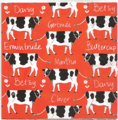 แนวภาพสัตว์ วัว Cow พื้นแดง การ์ตูน เป็นภาพเต็มแผ่น กระดาษแนพกิ้นสำหรับทำงาน เดคูพาจ Decoupage Paper Napkins ขนาด 33X33cm