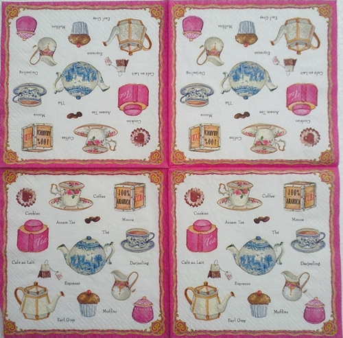 แนวภาพวินเทจ ชุดน้ำชา กาแฟ Earl Grey Darjeeling เป็นภาพบล็อค 4 กระดาษแนพกิ้นสำหรับทำงาน เดคูพาจ Decoupage Paper Napkins ขนาด 33X33cm
