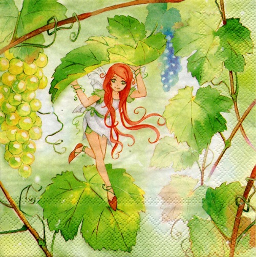 แนวภาพ Fairy การ์ตุน แฟร์รี่ นางฟ้าภูติวิ่งบนใบไม้ มีผลองุ่นแซม ภาพแนวสีเขียว เป็นภาพ 4 บล๊อค กระดาษแนพกิ้นสำหรับทำงาน เดคูพาจ Decoupage Paper Napkins ขนาด 33X33cm