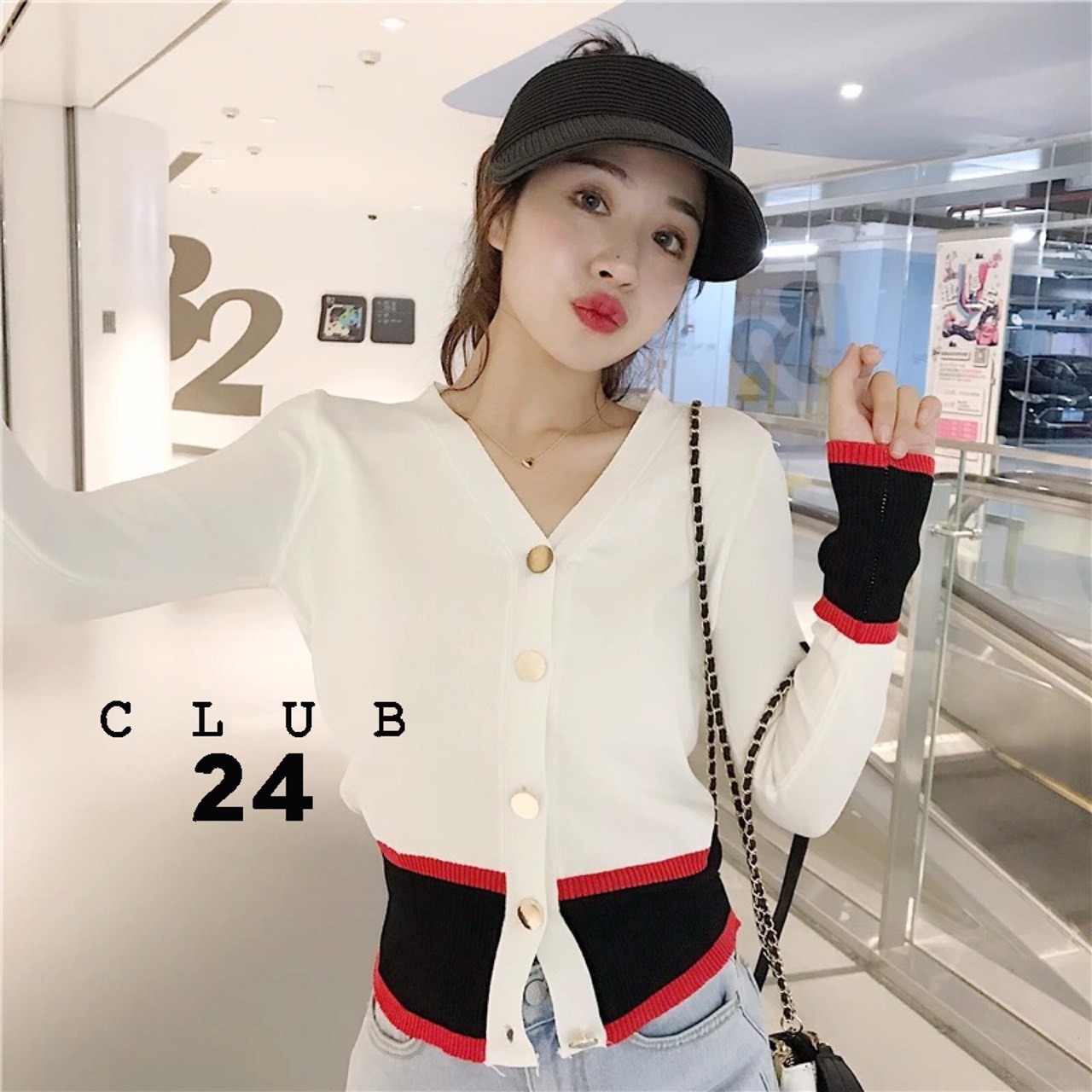 เสื้อเกาหลี พร้อมส่ง เสื้อคาดิแกน ทอลายทูโทน สีสลับ