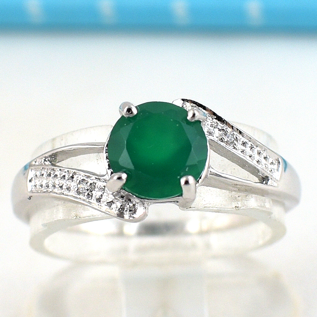 SKJewelryFactory แหวนพลอยกลม แหวนเงินแท้ 92.5% ฝังพลอยกรีนอะเกทแท้ ER02415-GAG