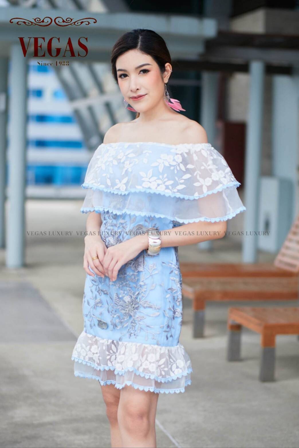 เดรสเกาหลี พร้อมส่ง เดรสสั้น งานดอก 3 D