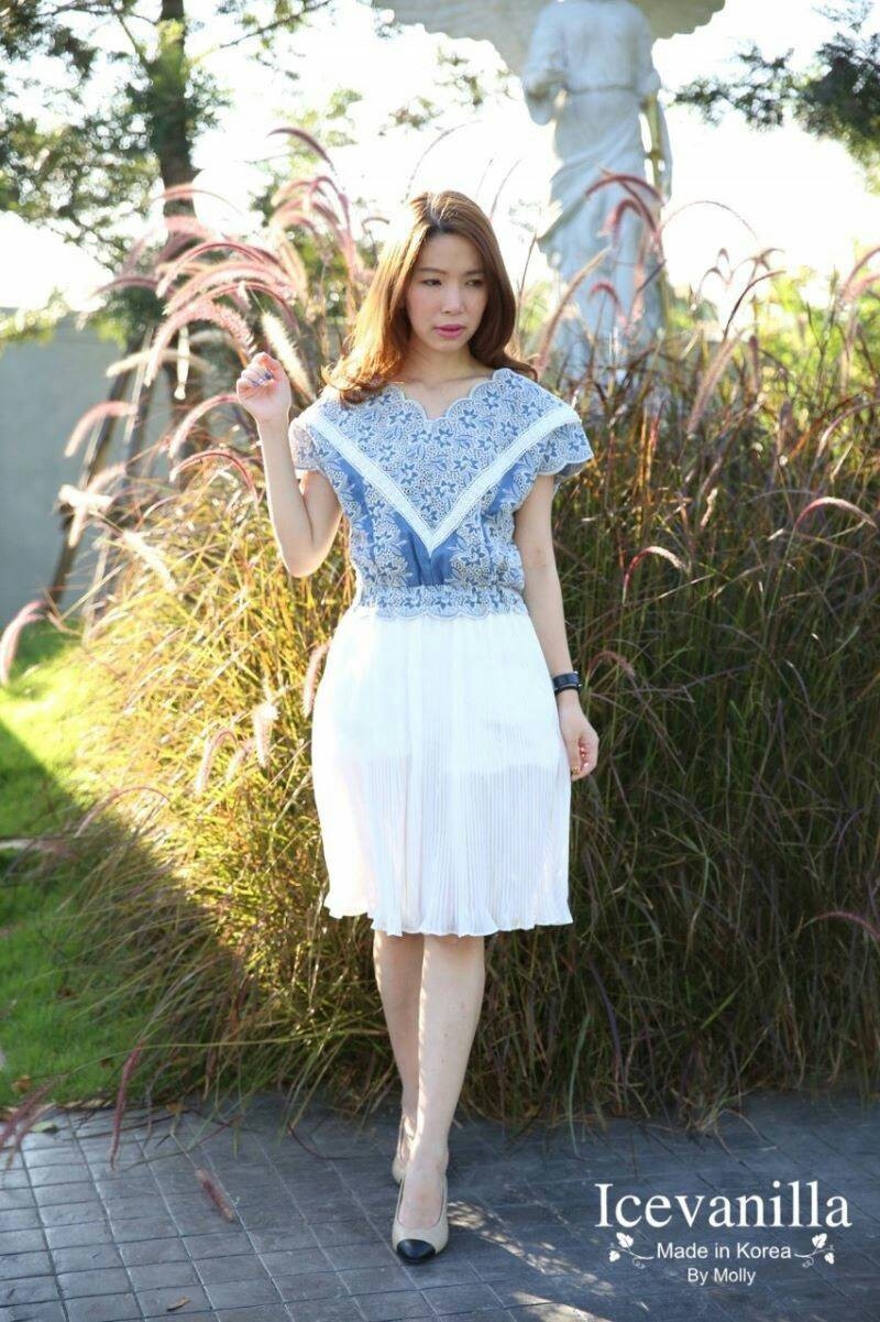 พร้อมส่ง เดรสยีนส์ตัดต่อผ้าชีฟองอัดพลีท