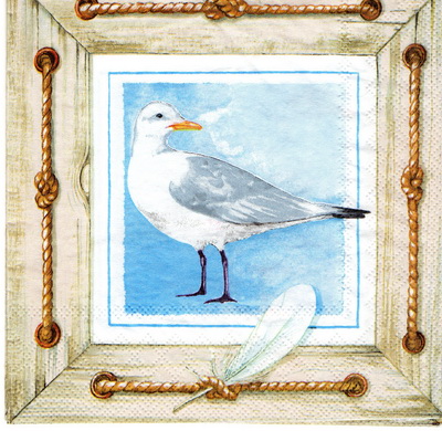 แนวภาพทะเล นกนางนวล ในกรอบรูป Seagull Painting เป็นภาพบล็อค 4 กระดาษแนพกิ้นสำหรับทำงาน เดคูพาจ Decoupage Paper Napkins ขนาด 33X33cm