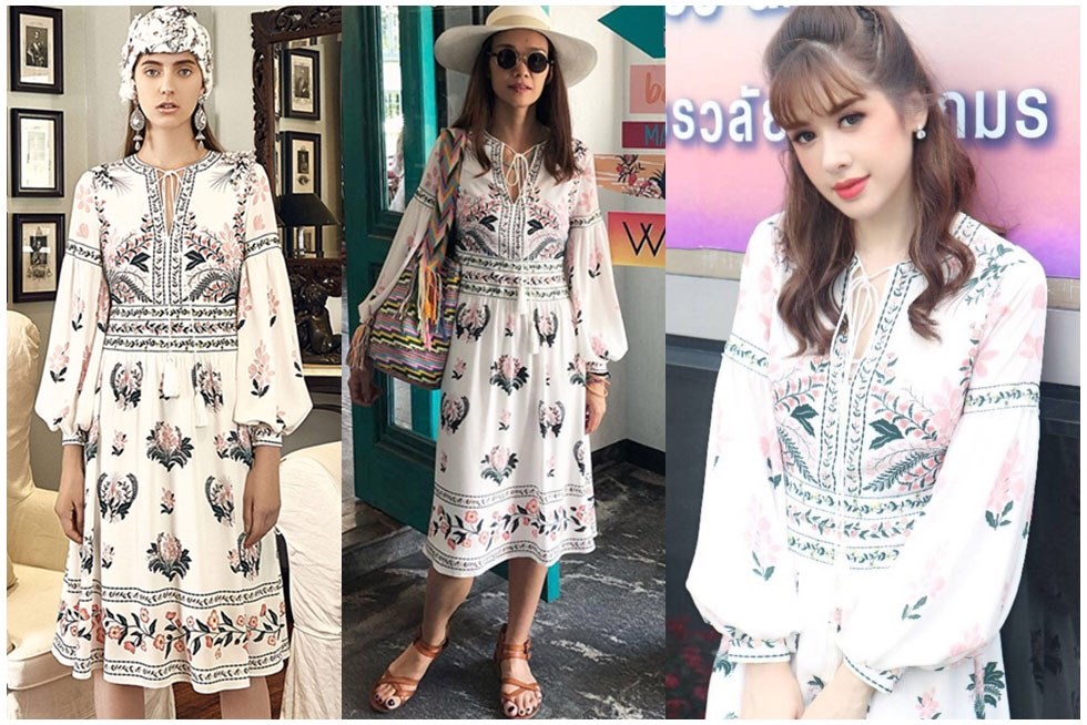 เดรสเกาหลี พร้อมส่ง เดรสสีขาว ปักและตกแต่งลายดอกไม้