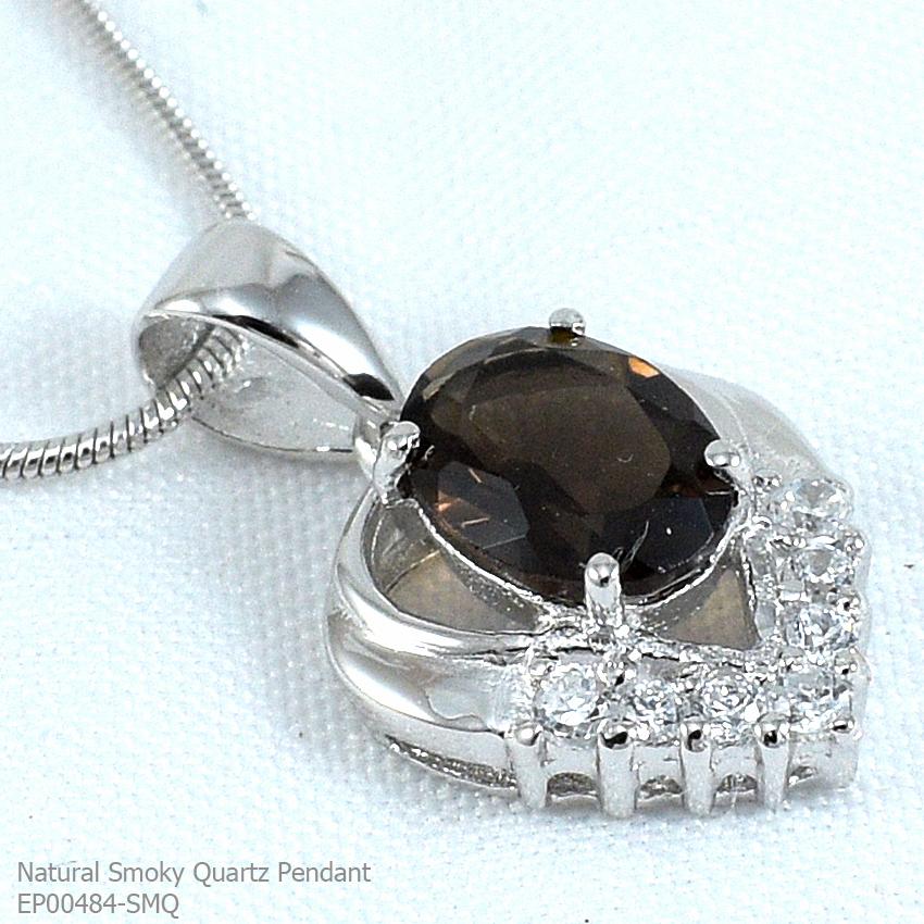SKJewelryFactory EP00484-SMQ จี้พลอยเงินแท้ พลอยสโมกกี้ควอทซ์แท้ ดีไซน์เป็นทรงหยดน้ำ