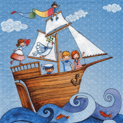 แนวภาพทะเล เด็กน้อย บนเรือสันติภาพ การ์ตูน Peac Sail เป็นภาพบล็อค 4 กระดาษแนพกิ้นสำหรับทำงาน เดคูพาจ Decoupage Paper Napkins ขนาด 33X33cm