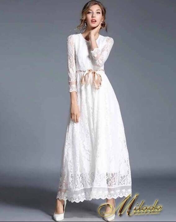 ชุดเดรสเกาหลี พร้อมส่ง เดรสยาว ลูกไม้ แต่งสายโบว์ช่วงเอว
