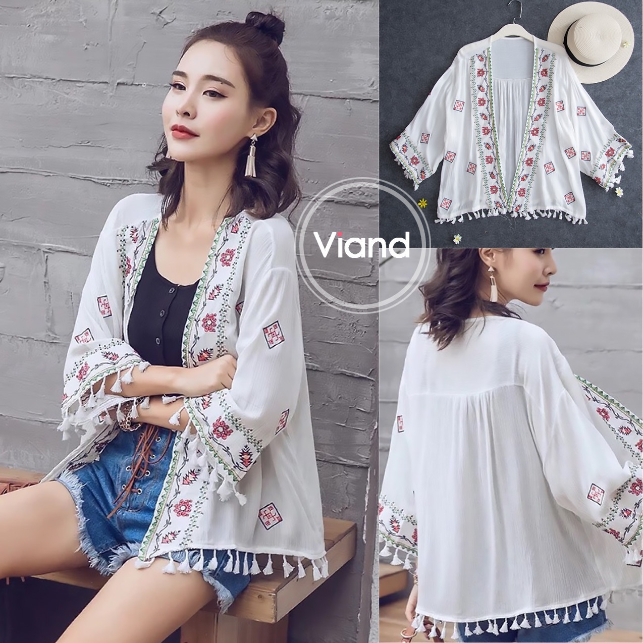 เสื้อเกาหลี พร้อมส่ง เสื้อคลุม งานปัก ปลายเสื้อพู่