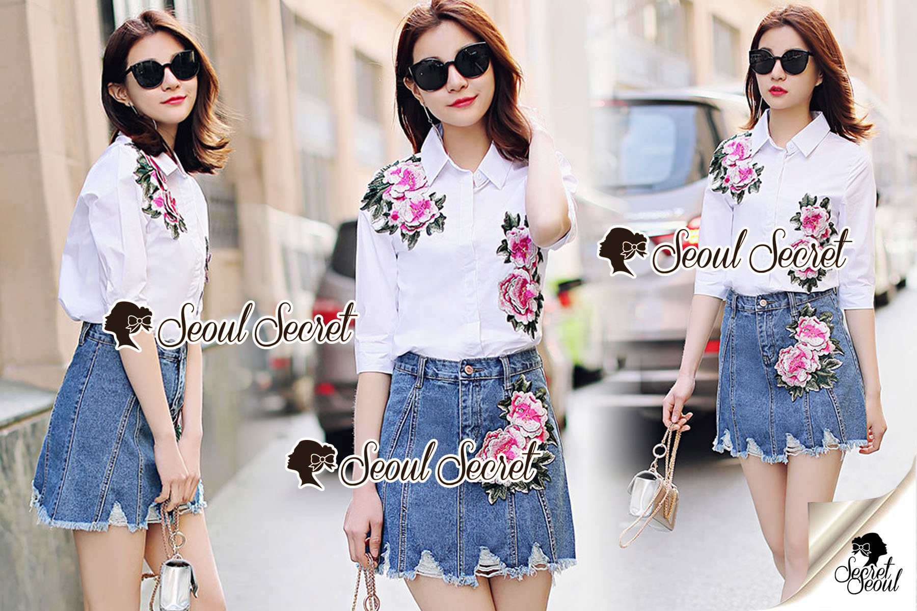 เสื้อผ้าเกาหลี พร้อมส่ง เสื้อปักดอกไม้กับกระโปรงยีนส์