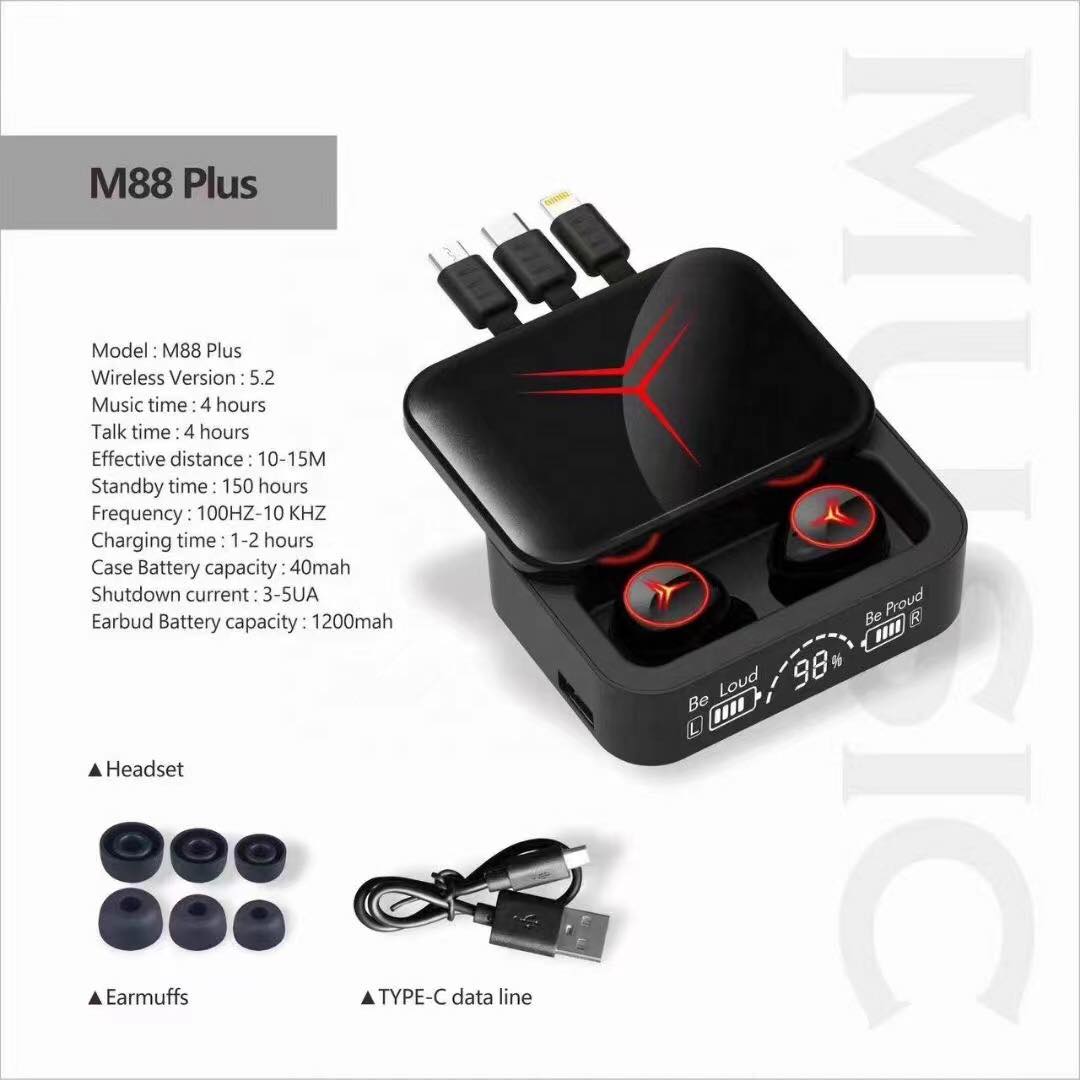 ใหม่ล่าสุด หูฟังมีแบตสำรองและสายชาร์จ M88Plus TWS V.5.2 LED Display 1200Mah PowerBank