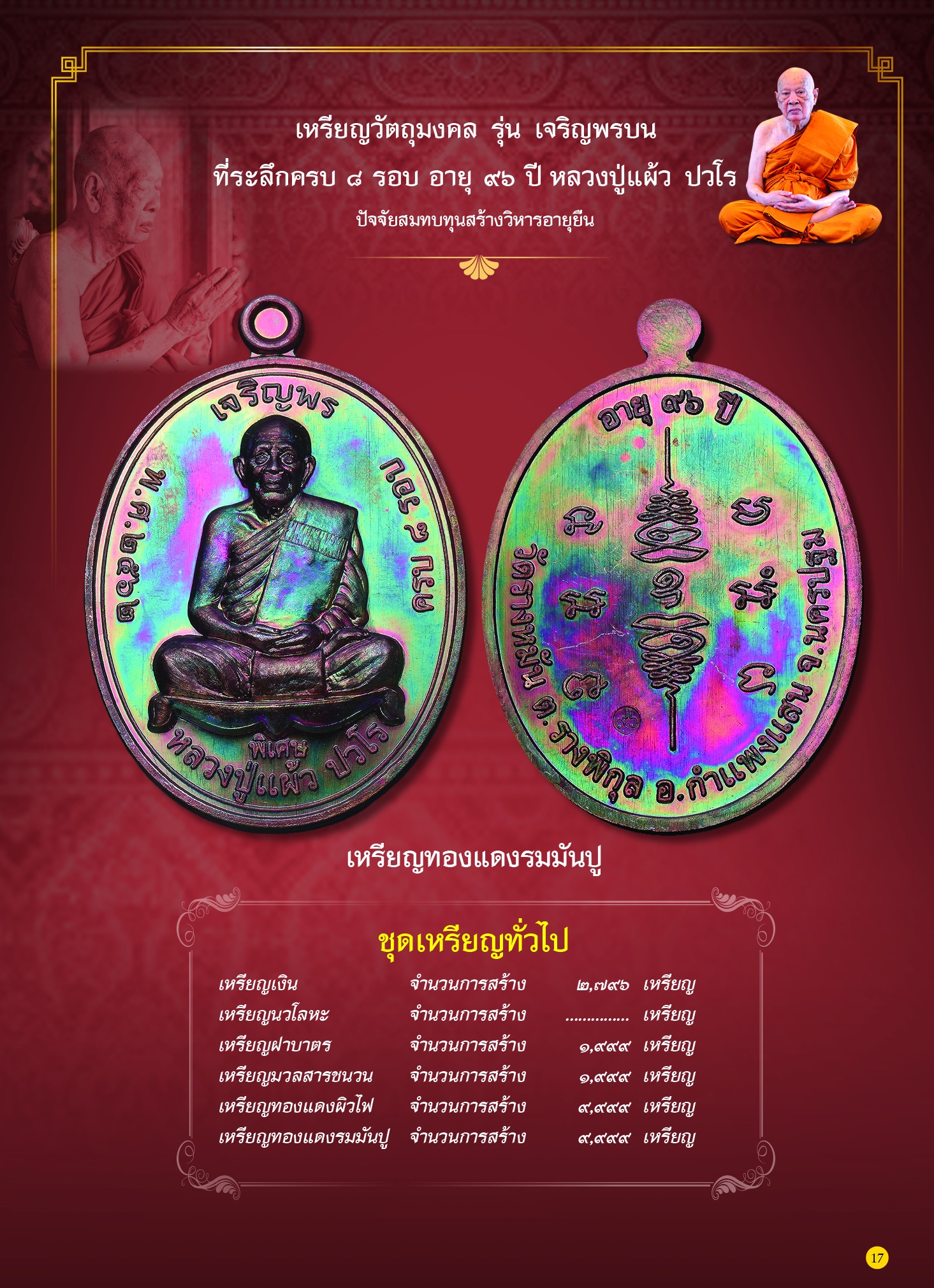 เหรียญเจริญพรบน หลวงปู่แผ้ว ปวโร วัดรางหมัน พิธีพุทธาภิเษกไตรมาสพรรษา ปี 2562