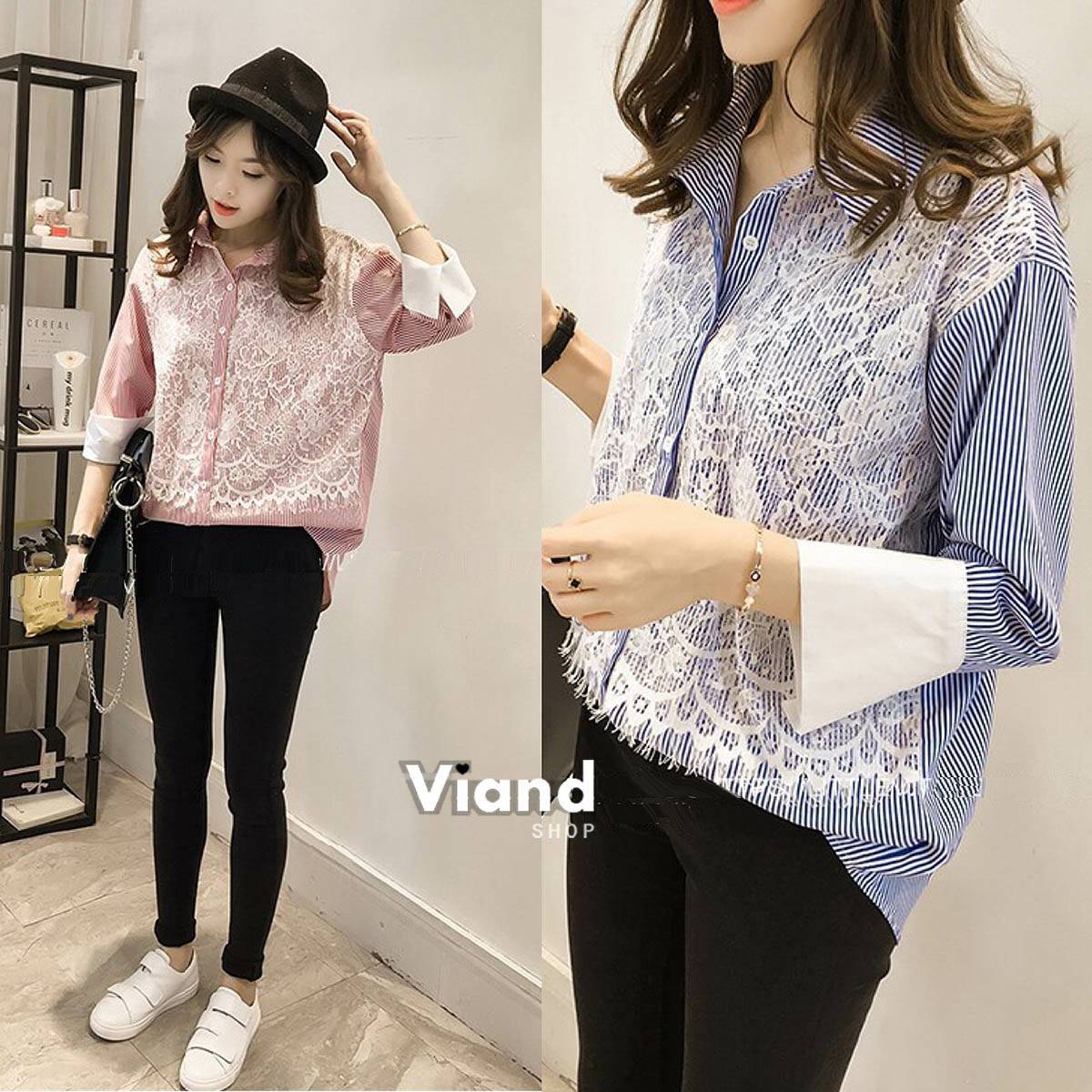 เสื้อเกาหลี พร้อมส่ง เสื้อเชิ้ท ทรงสวย ลายริ้วคอปก