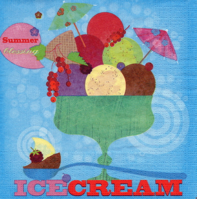 แนวภาพอาหาร ถ้วย Icd Cream สีเขียว ภาพโทนสีฟ้า เป็นภาพ 4 บล๊อค กระดาษแนพกิ้นสำหรับทำงาน เดคูพาจ Decoupage Paper Napkins ขนาด 33X33cm
