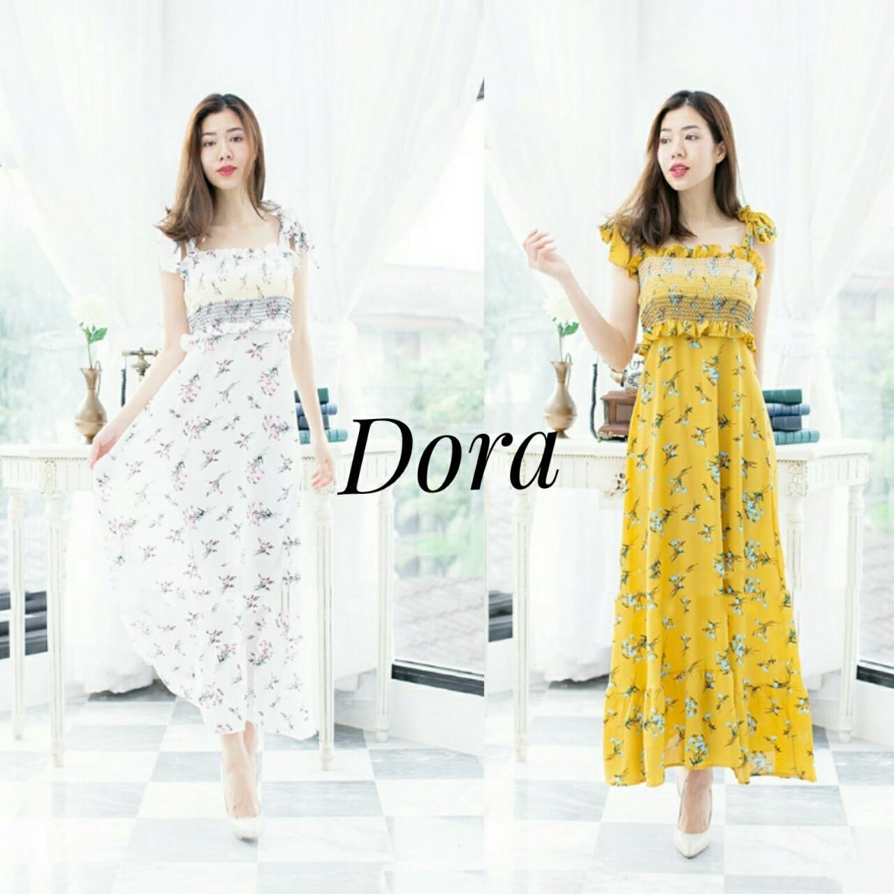 ชุดเดรสเกาหลี พร้อมส่ง เดรสยาว เนื้อผ้าลายดอกไม้