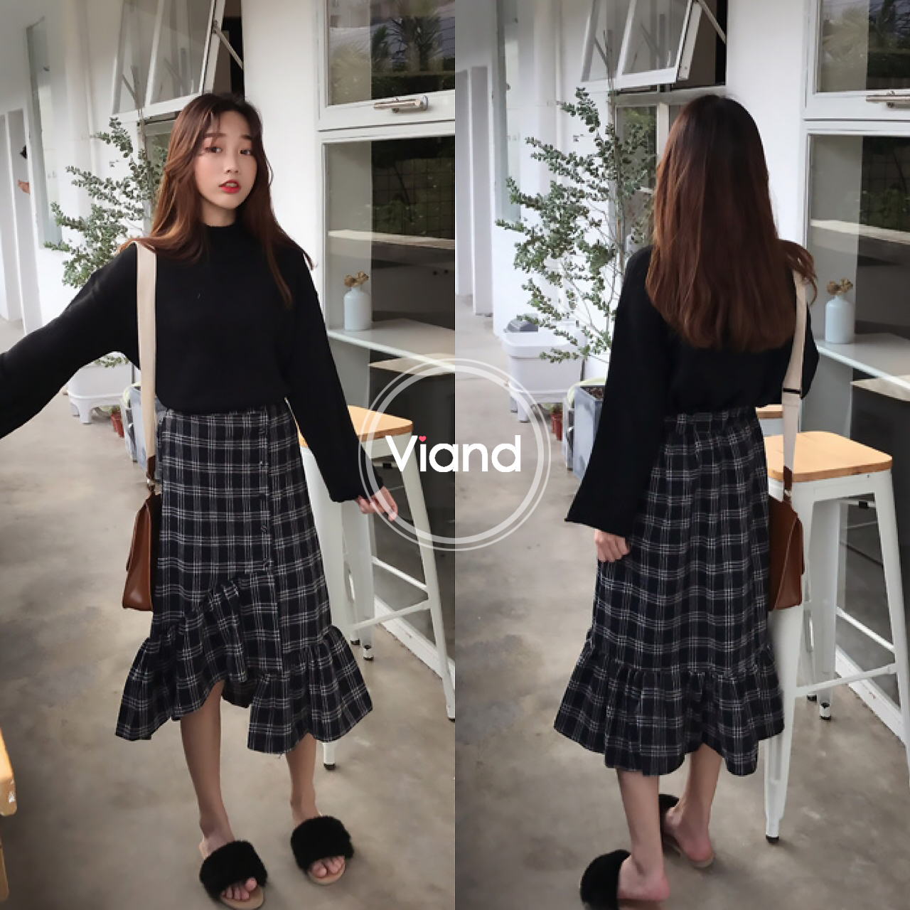 พร้อมส่ง กระโปรงทรงสวย ลายสก๊อด