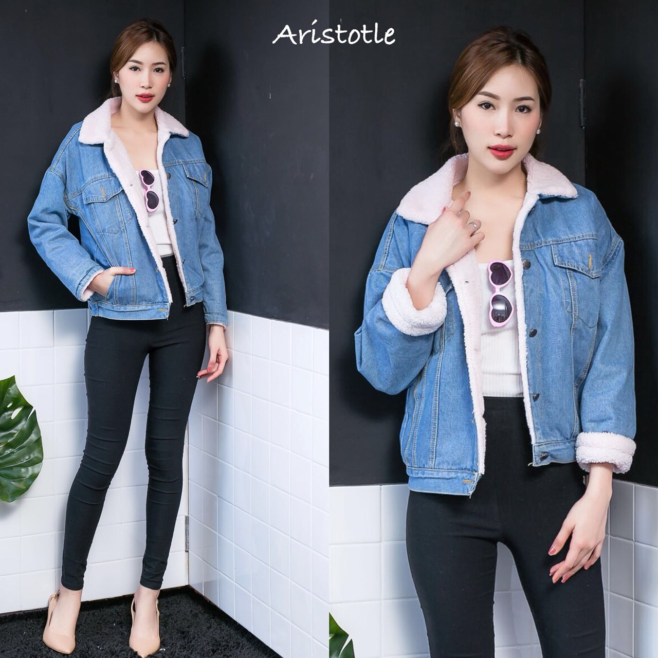 เสื้อเกาหลี พร้อมส่ง Jacket เสื้อเเจ๊กเก๊ตยีน แต่งขนแกะเทียม