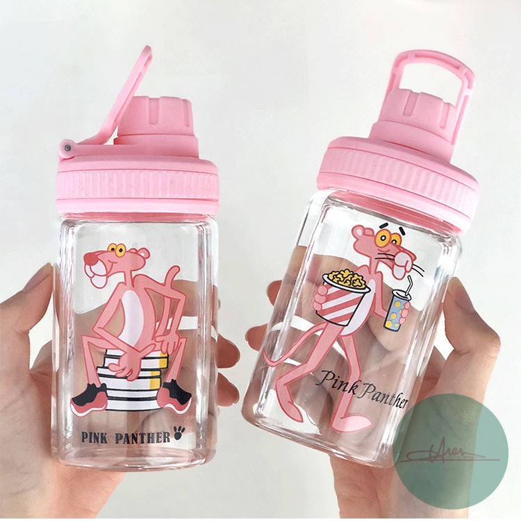 ขวดน้ำ ขวดนม Pink Panther พกพา แก้ว borosilicate ฝาดื่ม หมุนปิด มี 2 ขนาด 400 /500 ml.