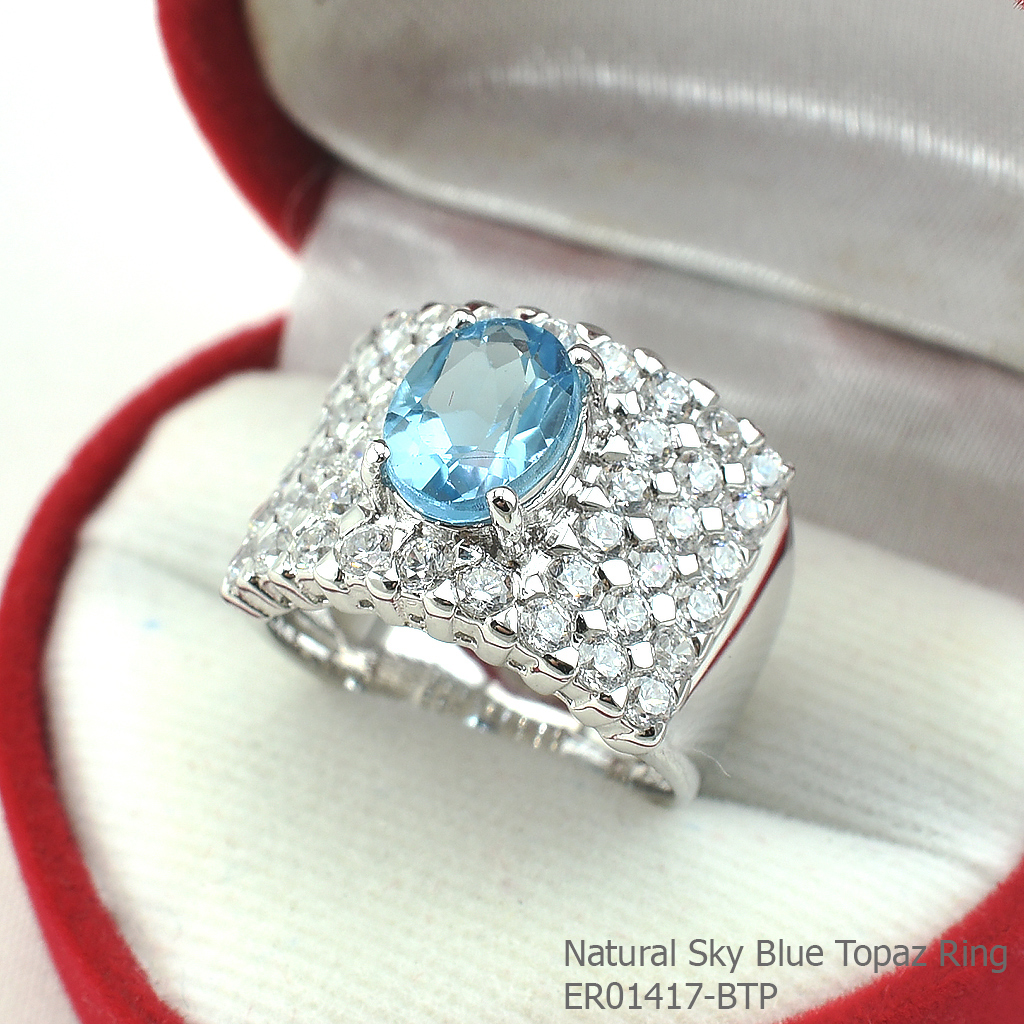 SKJewelryfactory แหวนบลูโทปาซแท้ ดีไซน์ แหวนสี่เหลี่ยมชูยอดพลอย ER01417-SBT