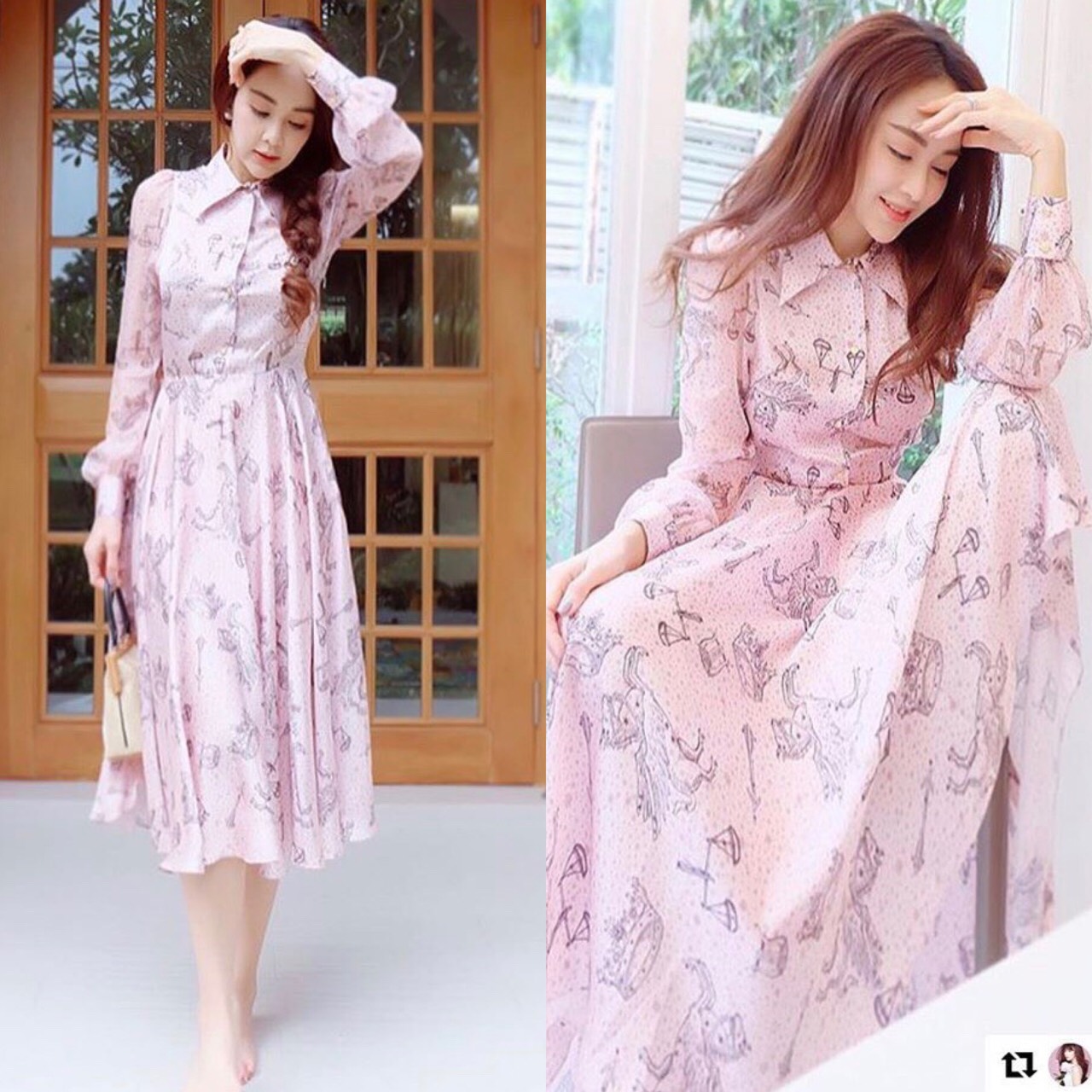 ชุดเดรสเกาหลี พร้อมส่ง เดรส ลายสวย พริ้ว คัตติ้งสวย