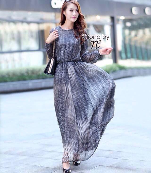 พร้อมส่ง แม็กซี่เดรสเนื้อผ้าชีฟอง แขนยาว เอวสม๊อก