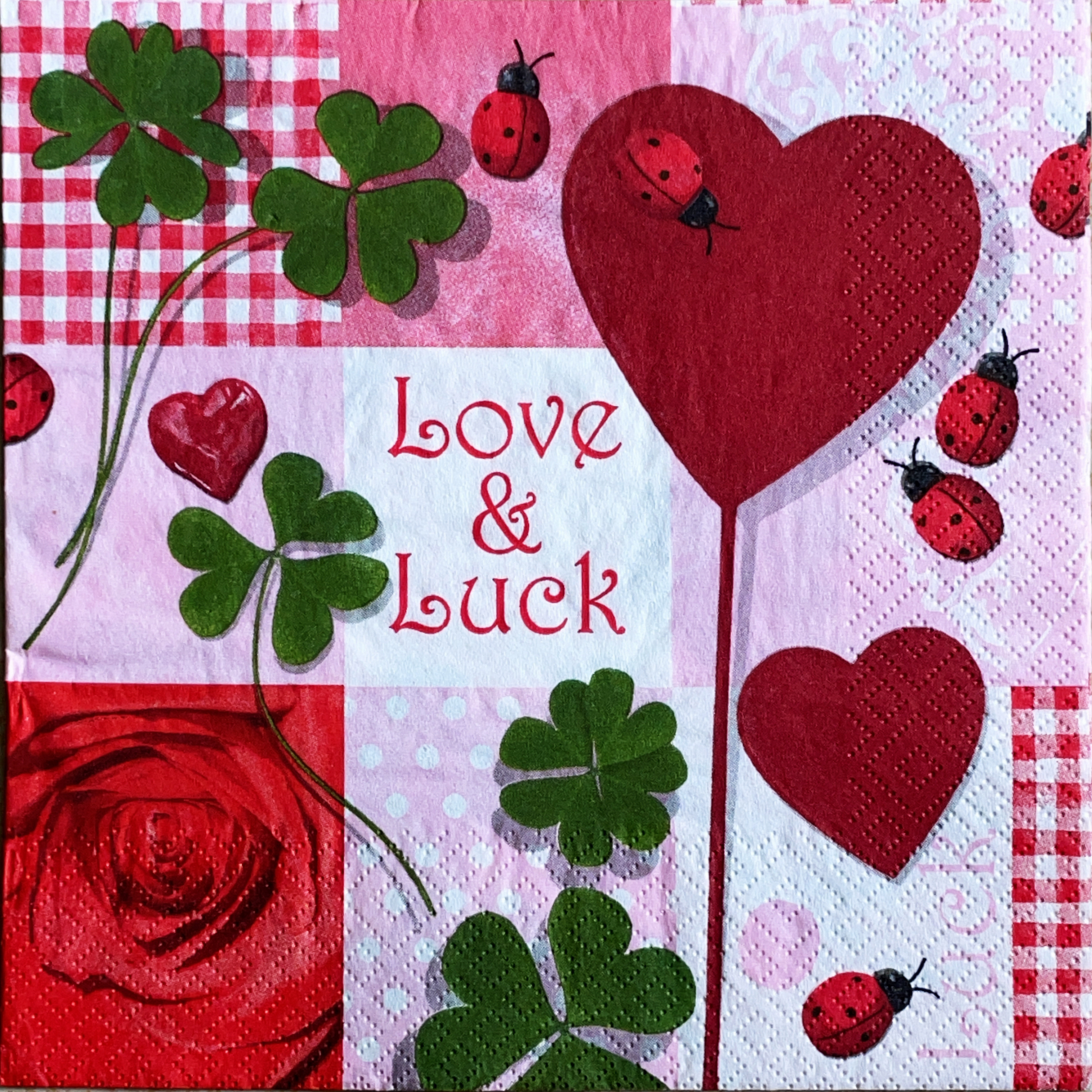 แนวภาพ Valentine Love & Luck หัวใจ ใบโคลเวอร์ เป็นภาพบล็อค 4 กระดาษแนพกิ้นสำหรับทำงาน เดคูพาจ Decoupage Paper Napkins ขนาด 33X33cm