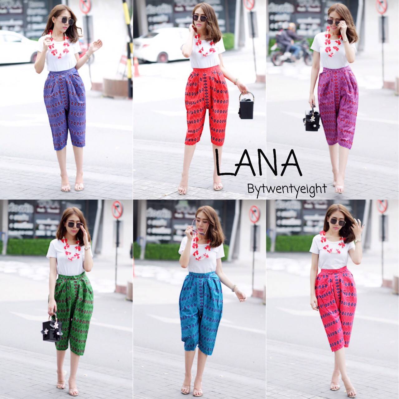 เสื้อผ้าเกาหลี พร้อมส่ง กางเกงโจงกระเบน ลายพื้นเมือง+เสื้อยืด