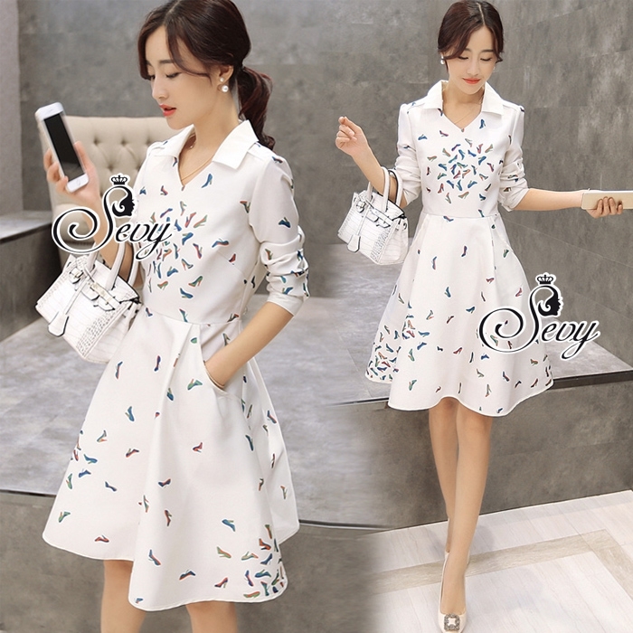 พร้อมส่ง เดรสสั้นคอวีแต่งปกแขนยาว กระโปรงทรงเอบานจับจีบ