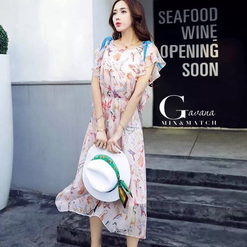 เดรสเกาหลี พร้อมส่ง เดรสยาว บ่าผูกโบว์น่ารัก
