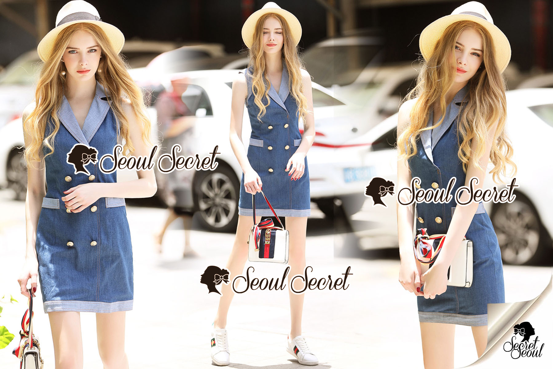 เดรสเกาหลี พร้อมส่ง เดรสยีนส์ ปกคอสูท